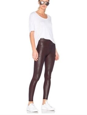 SPANX Leather-Like High-Rise Leggings in Burgundy Wine - Size L Power Waistband